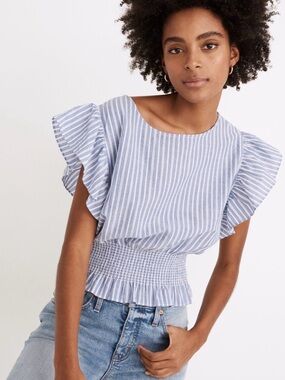 Madewell Flutter-Sleeve Smocked Top in Stripe